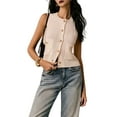 thumbnail image 3 of Womens Cropped Sweater Vest Sleeveless Button Ribbed Knit Crew Neck Cardigan Vests Top with Pockets Cream White M, 3 of 10