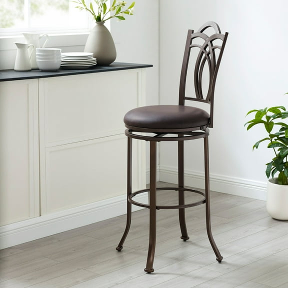 Linon Mokena Round 30" High Back Metal Swivel Bar Stool,Espresso/Coffee Brown Faux Leather