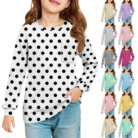 Drmagiyhm Girls Long Sleeve T Shirts Size 10-12 Casual Crewneck Polka dot print Shirt Stylish Basic Fall T-Shirt Girl Comfy Tops 4-5 Years Beige