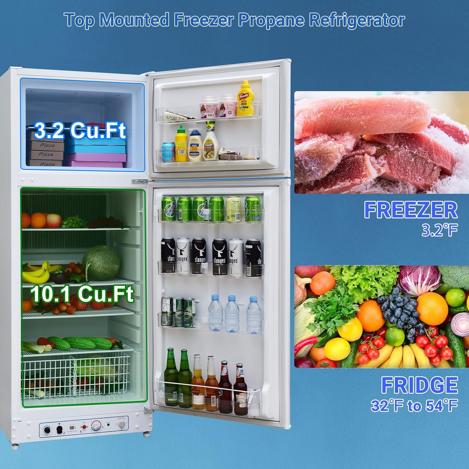 Techomey Top Freezer Propane Refrigerator 13.4 cu ft Powered 110V/LPG, Garage RV Cottages Chalets