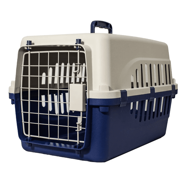 Transportadora para perro economica con puerta metalica 45 cm x 30 cm x 29 cm color azul marino