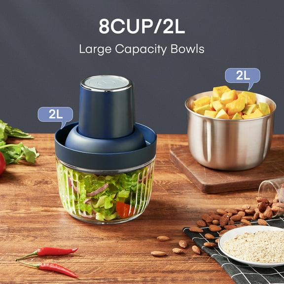 Food Processor, Electric Meat Grinder & Powerful 300W Food Chopper with Two Bowls (7 Cup 8 Cup) & 2 Bi-Level Blades for Nuts, Meat, Onion, Garlic, Baby Food
