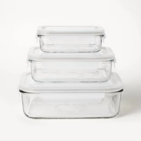 6pc (Set of 3) Glass Food Storage Container Set Clear : Freezer, Dishwasher & Microwave Safe