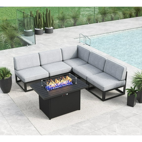 LayinSun Large Aluminum Patio Furniture Set with Fire Pit Table, 6 Pieces Modern Outdoor Conversation Set Sectional Metal Sofa Set with Olefin Cushion