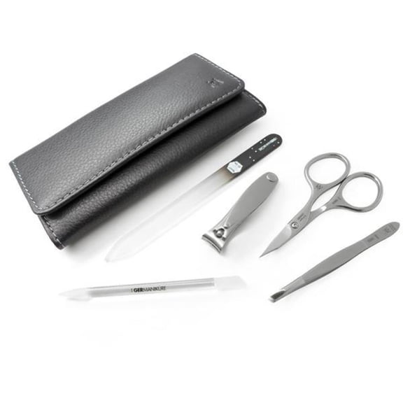 5pcs Travel Manicure Nail Kit German FINOX® Surgical Stainless Steel: Clippers, Scissors, Tweezers, Glass Nails File and Stick