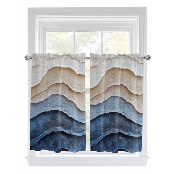 Tier Curtains 45 Inches Long, Blue Beige Window Treatment Curtain Drapes, Coastal Wave Modern Abstract Art Small Curtain Drapes for Bathroom Laundry Room, 27.5"x45", 2 Panels