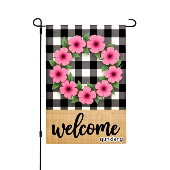 AMHNF Linen Garden Flag Welcome Pink Flowers Black White Checkered Design For Home Outdoor Garden Yard Decor 12x18 inch