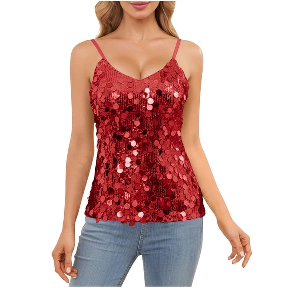 ZQUUVOU Women's Carnival Sequin Camisole Solid Color Round Neck Sparkly Sleeveless Tops Festival Celebration Party Red