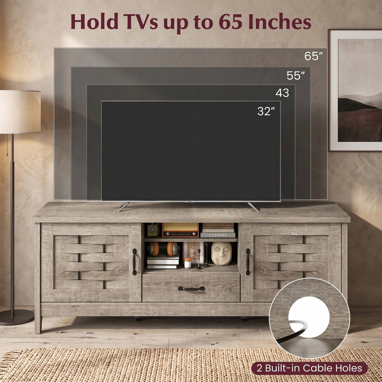 Furnibear Farmhouse TV Stand for 65 Inch TVs, Wood Entertainment Center with 2 Woven Accent Doors, 3 Adjustable Shelves and Drawer, Media Console Table for, Rustic Oak