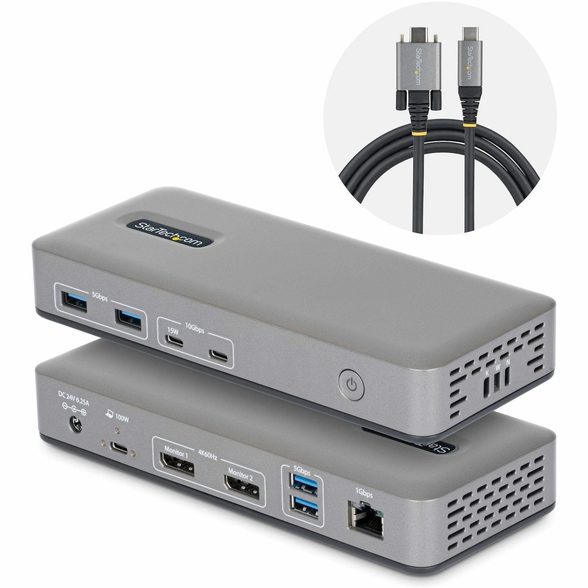 StarTech Dual-Monitor USB-C Docking Station, DisplayPort, 4K 60Hz, 100W Laptop Charging, 1GbE, Driverless, Multi-Monitor Dock