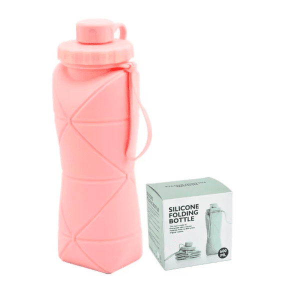 Collapsible 600ml Green Geometric Silicone Water Bottle - Pink