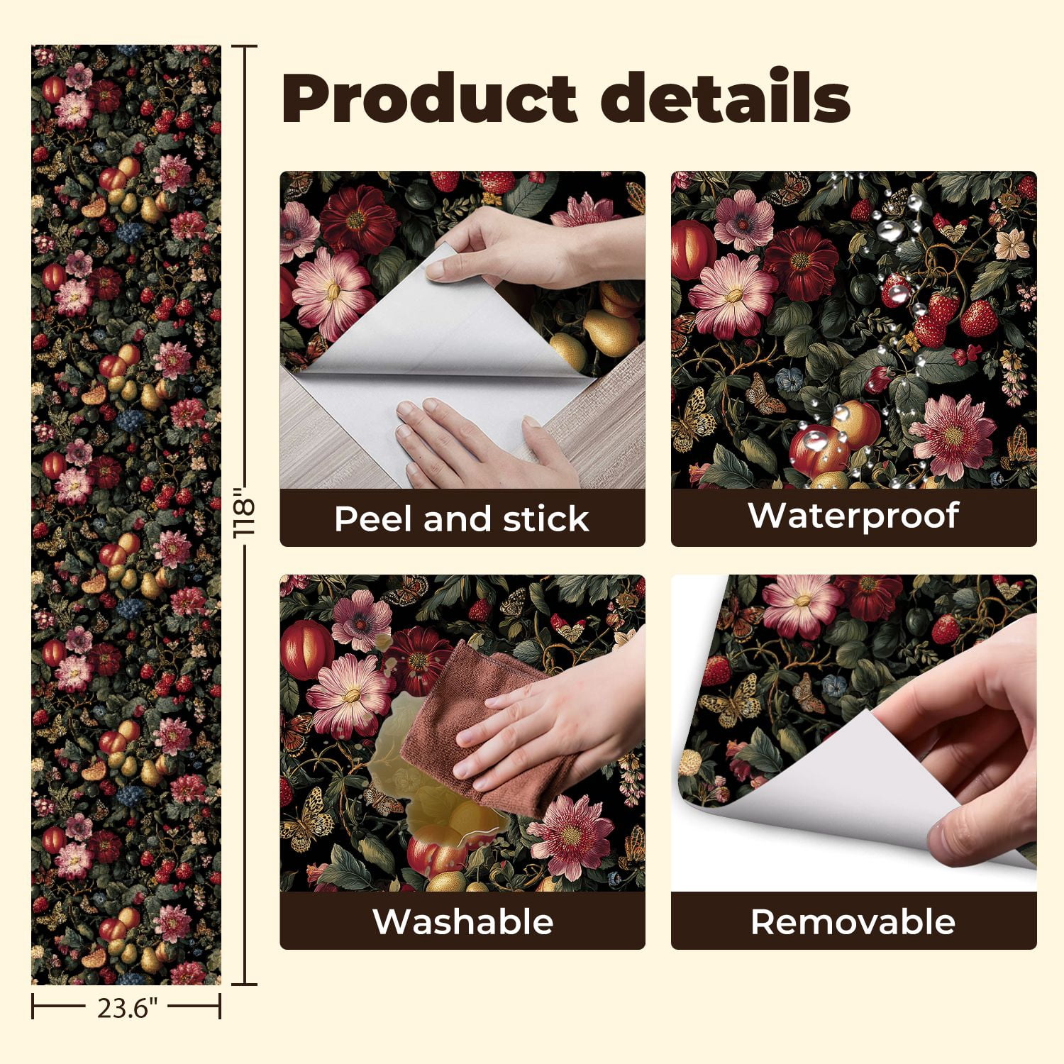 Peel and Stick Wallpaper Floral Botanical Vintage Flowers Fruits Butterflies Dark Wall Mural 23.6in x 9.8ft Self Adhesive Removable Wall Paper Renter Friendly Wallpaper for Nursery Bedroom Cabinets