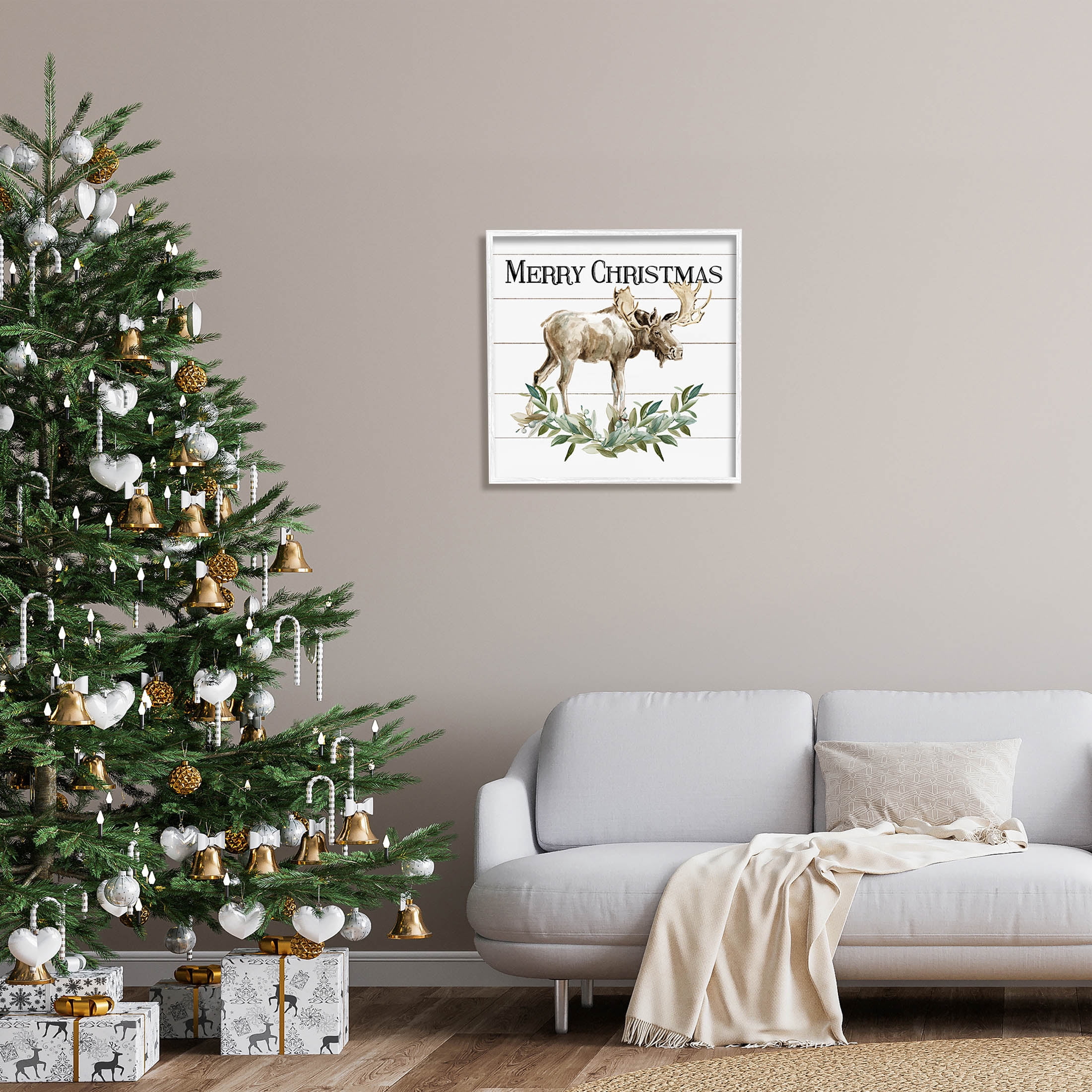 Stupell Industries Merry Christmas Moose Laurel Graphic Art White Framed Art Print Wall Art, Design by Carol Robinson