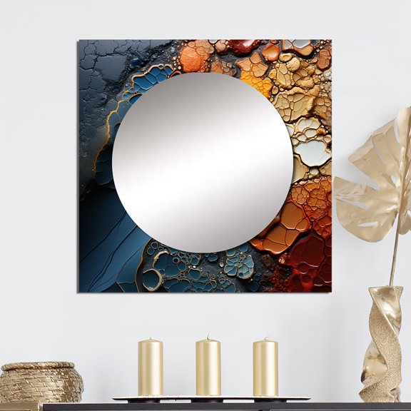 Designart "Fluid Movements Blue Orange Expression" Abstract Shapes Square Mirror Wall Decor Transitional - Large Blue Square Bathroom Mirror - Square Printed Wall Mirror Art
