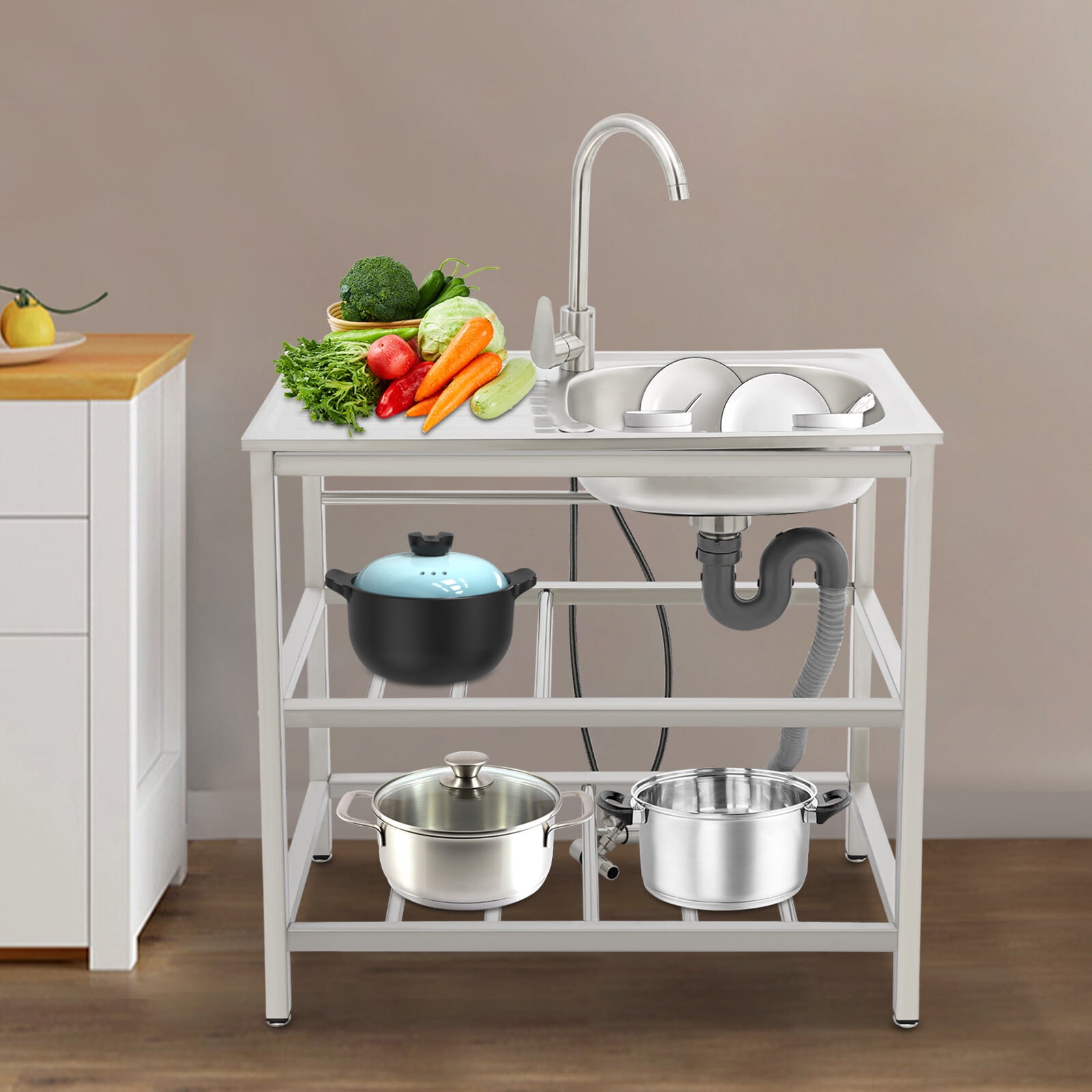 DUYIWAA Freestanding Stainless Steel Kitchen Sink with Faucet, Outdoor Utility Sink, 2-Tier Storage Rack, and Workbench for Dishwashing & Food Prep