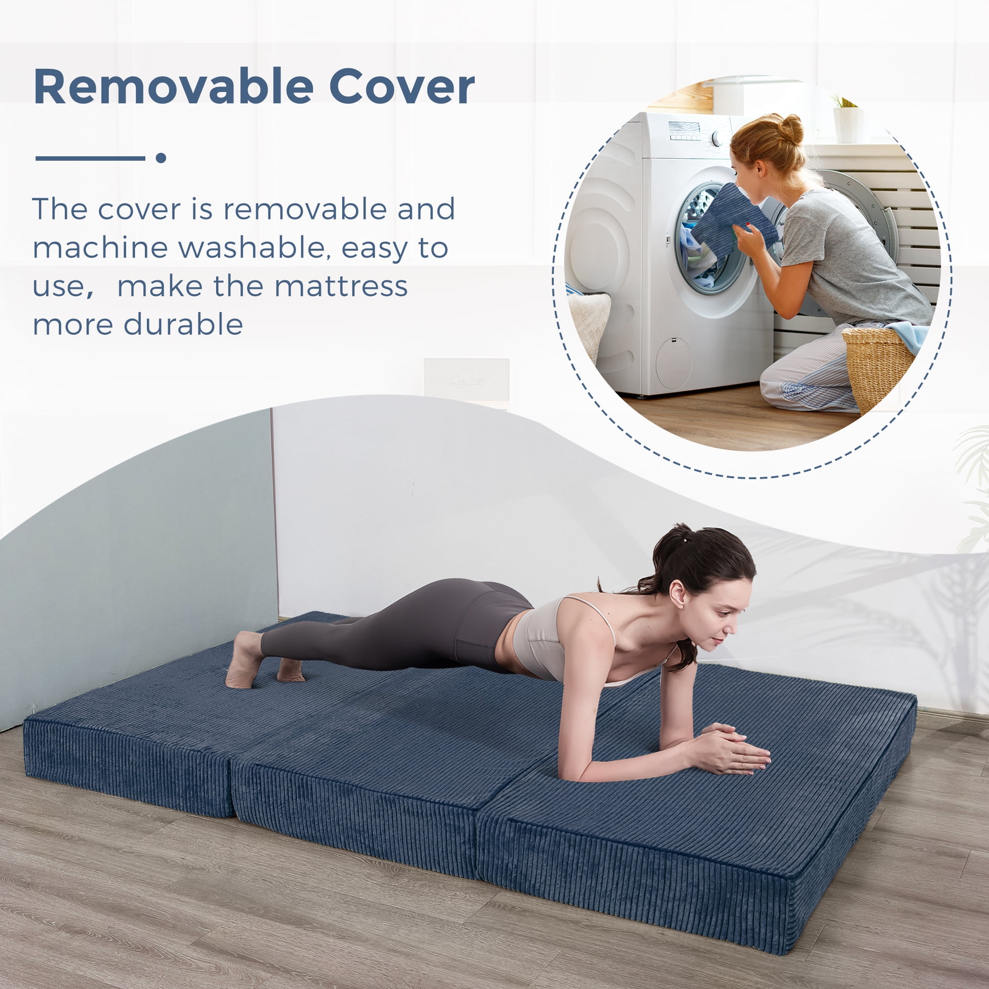 MAXYOYO 6 inch Folding Corduroy Mattress, Tri Fold Floor Mattress thick with Washable Cover,Foldable in Three,Space-Saving for Guest (Blue, Full)