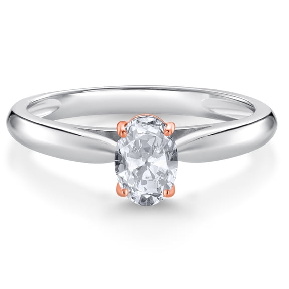 Gem Stone King 925 Sterling Silver and 10K Rose Gold Prongs White Topaz Solitaire Engagement Ring for Women (0.60 Cttw, Oval 6X4MM, Gemstone November Birthstone, Available in Size 5, 6, 7, 8, 9)