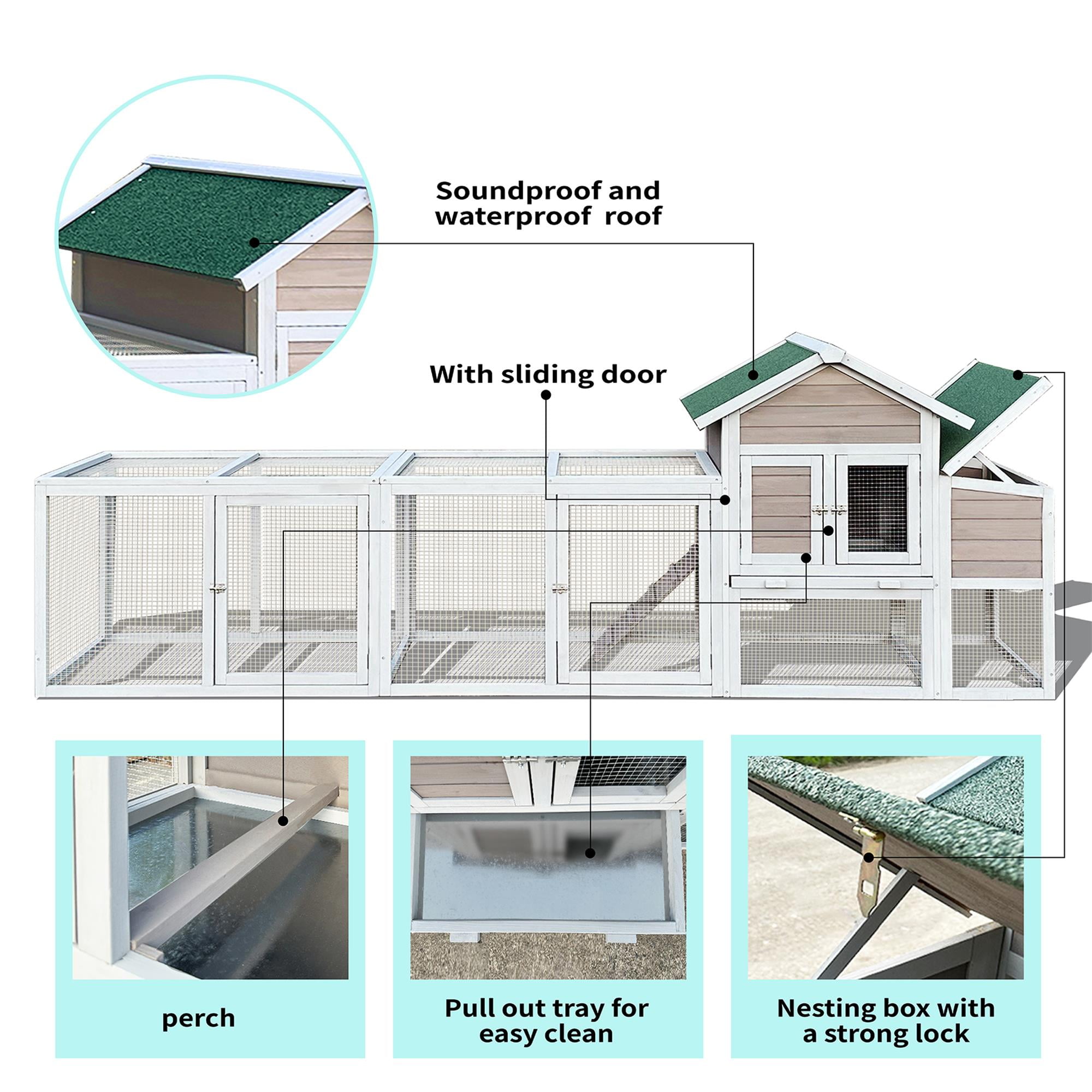 Pefilos 112" 2-Story Wood Large Chicken Coop with Run, Outdoor Wire Fence Poultry Cage for 4-6 Rabbits, Hen House with Nest Box, Gray