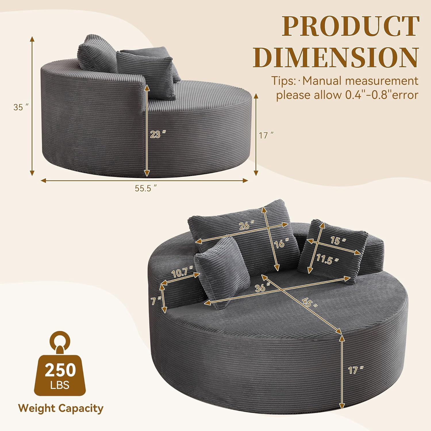 55'' Round Oversized Chaise Lounge Indoor Chair, No Assembly Corduroy Compressed Circle Sofa Bed,Comfy Upholstered Sleeper Couch,Lazy Bean Bag Couch for Living Room, Bedroom,Gray