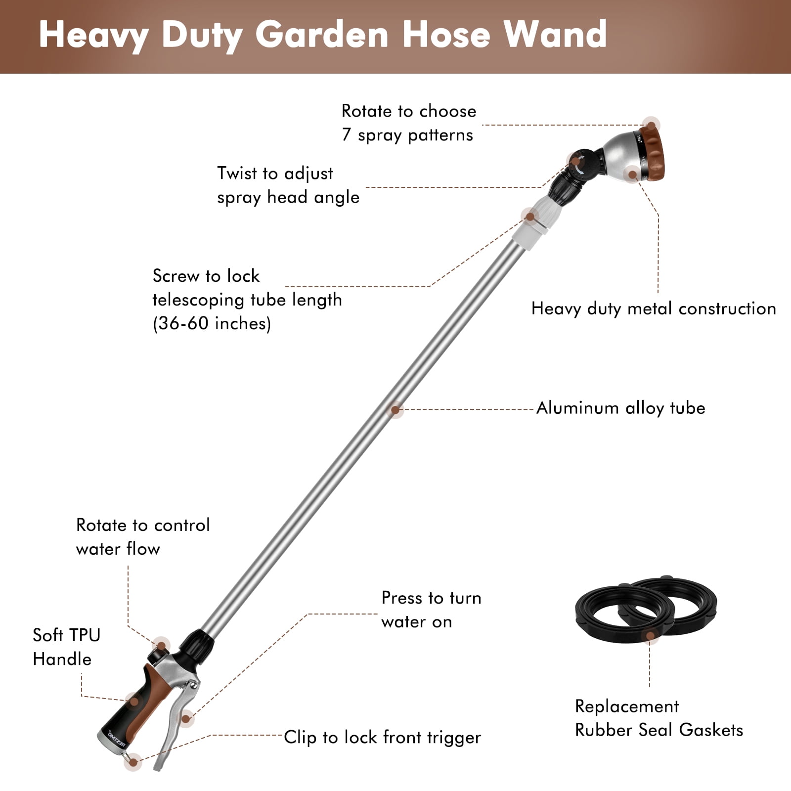 Restmo Telescopic Metal Watering Wand, 36-60 Inch Long Adjustable Tube with 180° Ratcheting Head, 7 Spray Patterns and Flow Control | Garden Hose Sprayer for Hanging Baskets, Shrubs, Lawn, Brown