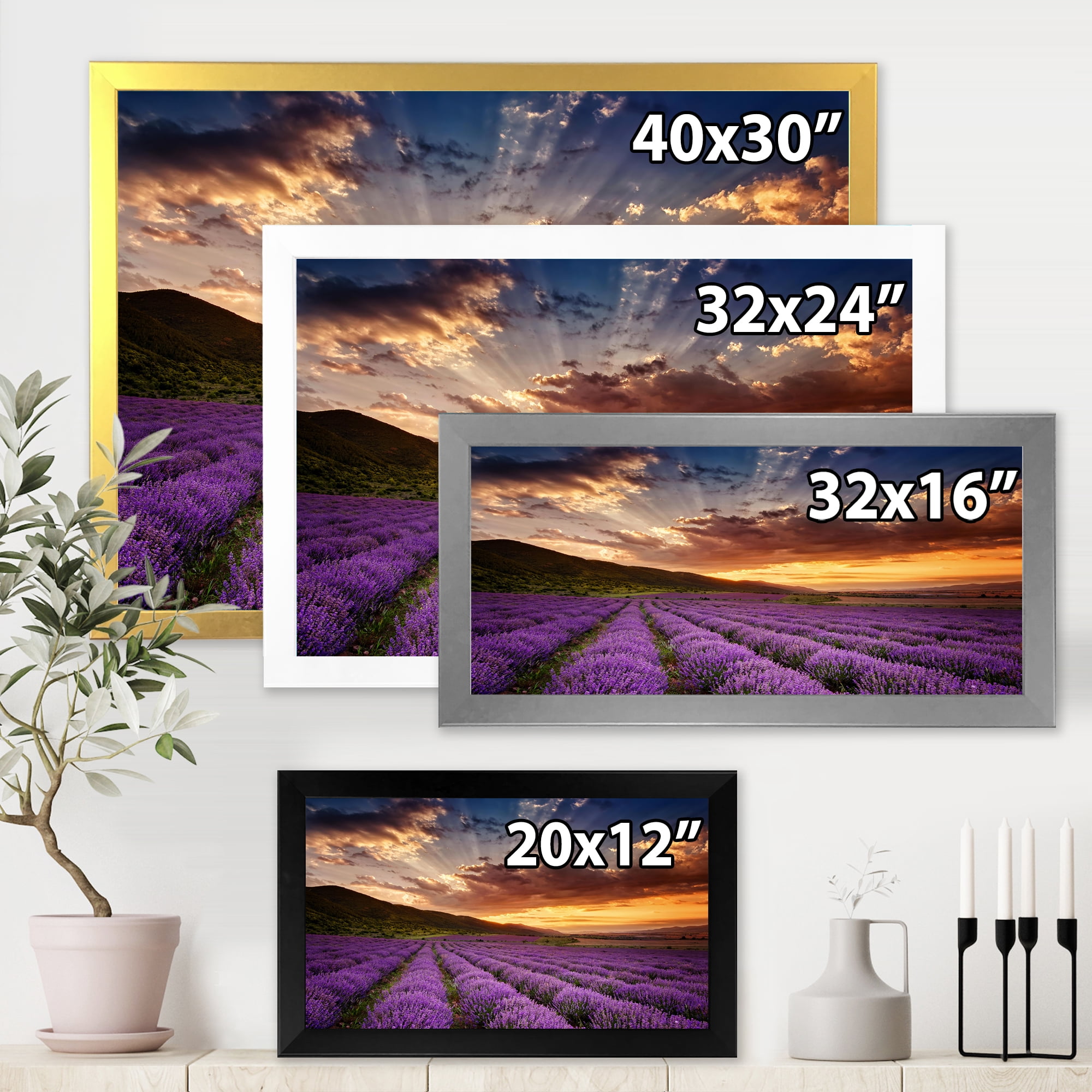 Designart 'Dramatic Clouds and Sunrise Over Lavender Field X' Farmhouse Framed Art Print