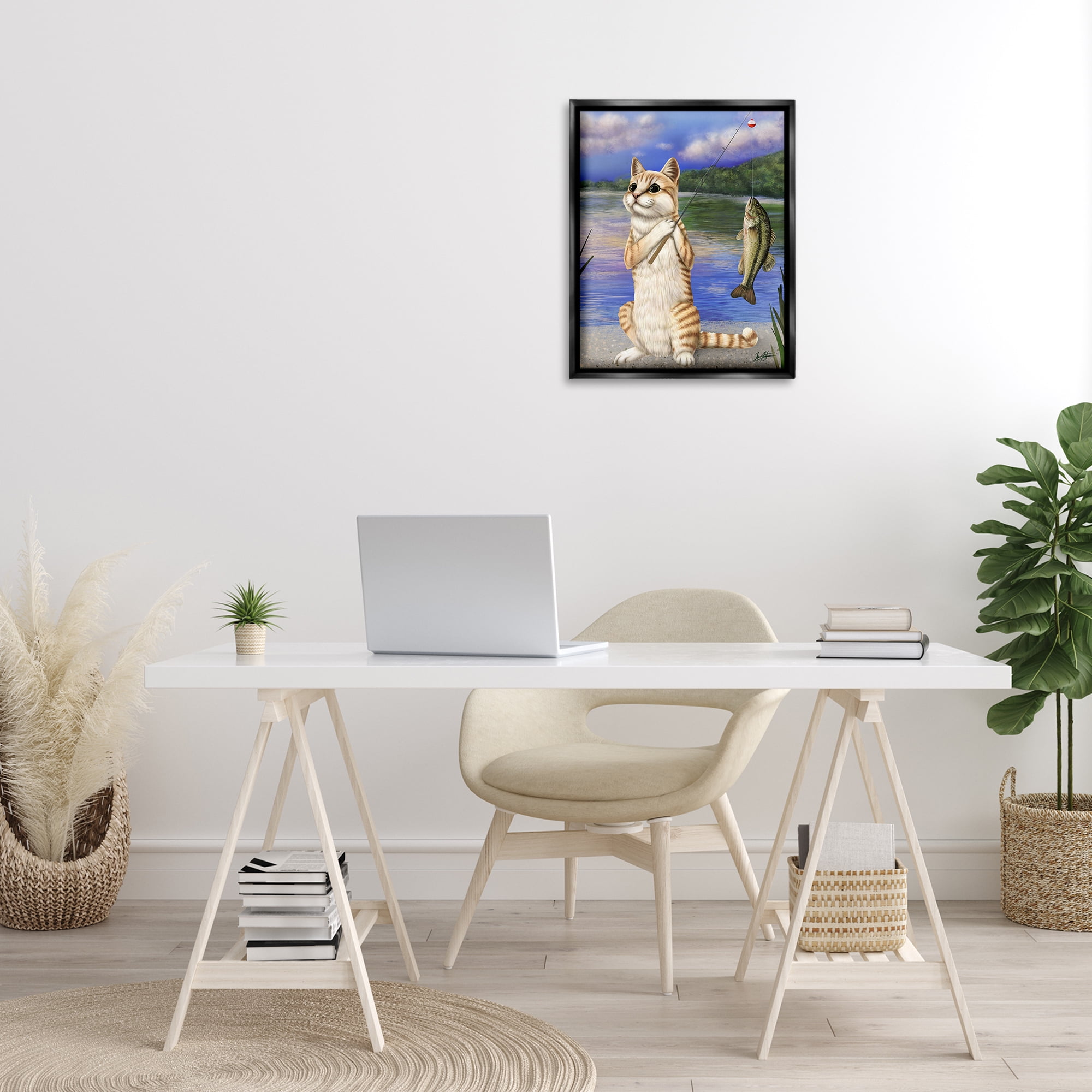 Stupell Industries Fishing Cat by Lake Animals & Insects Painting Black Floater Framed Canvas Art Print Wall Art, 17 x 21