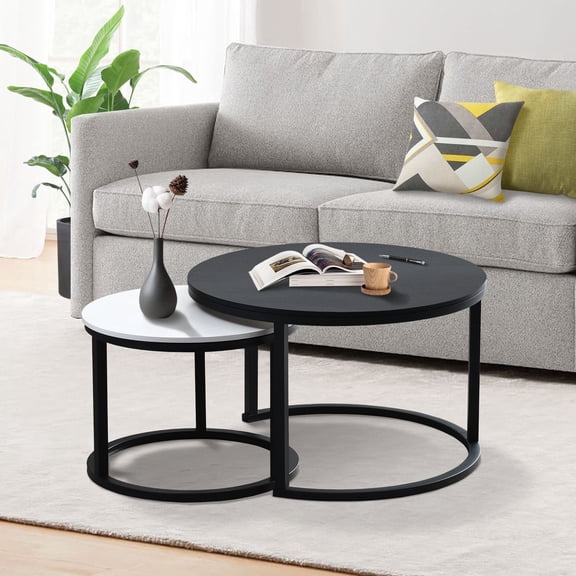 Modern 27.5" Round Nesting Coffee Table Set Metal Frame for Living Room White and Black