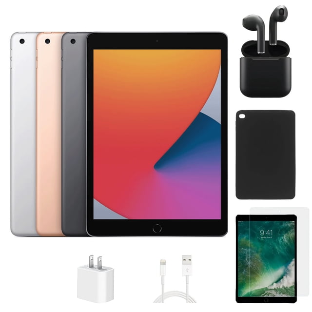 Reacondicionado Apple iPad 8th Gen A2428 (WiFi + Cellular Desbloqueado) 128GB Gris Espacial (Grado A+) Paquete con Funda, Auriculares Inalámbricos, Protector de Pantalla de Vidrio Templado