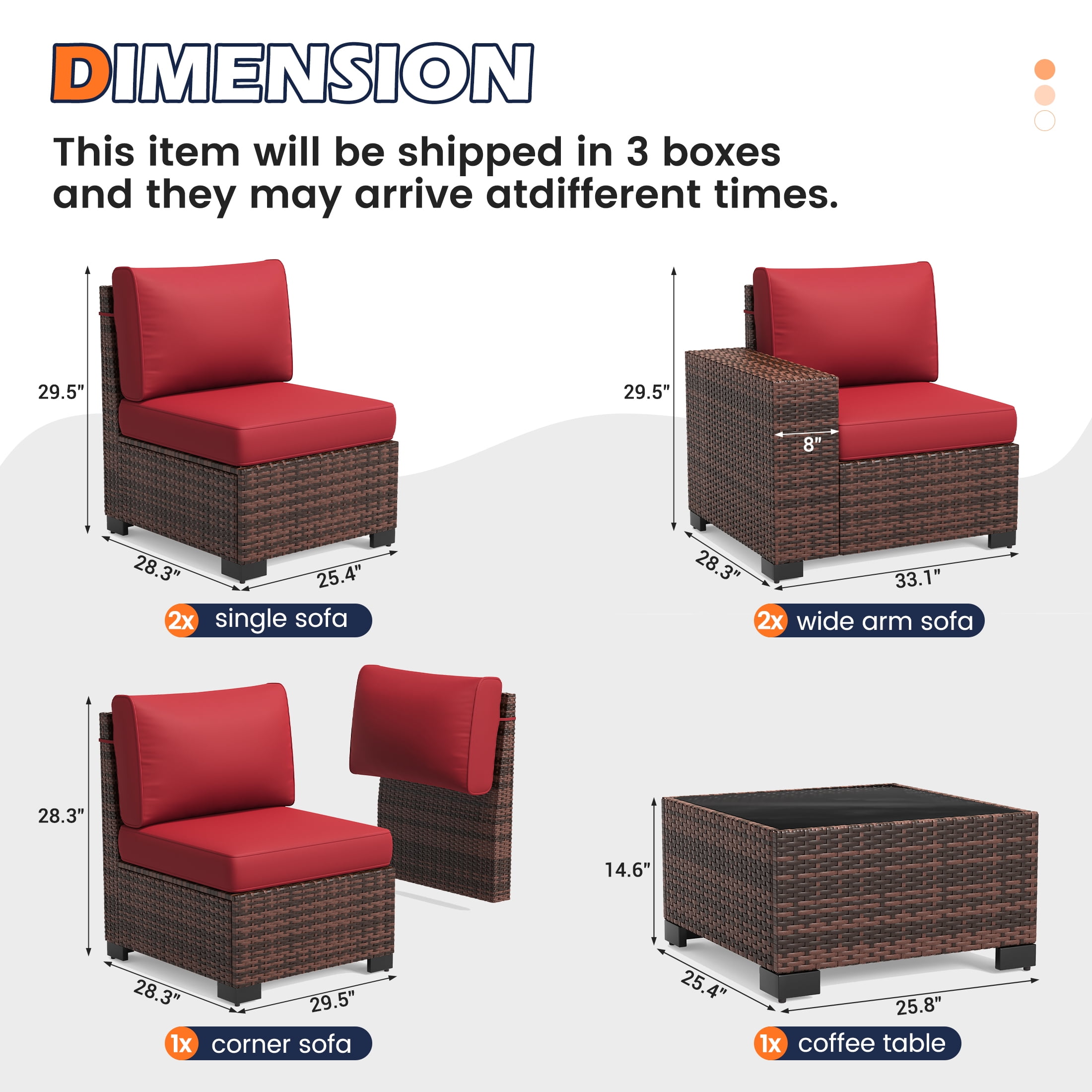 TECHMILLY 6-Piece Patio Furniture Set, Outdoor Patio Sofa Set With Wide Armrest, All-Weather Wicker Rattan Guest Set With Cushion And Glass Table And Waterproof Cover,Brown & Wine Red