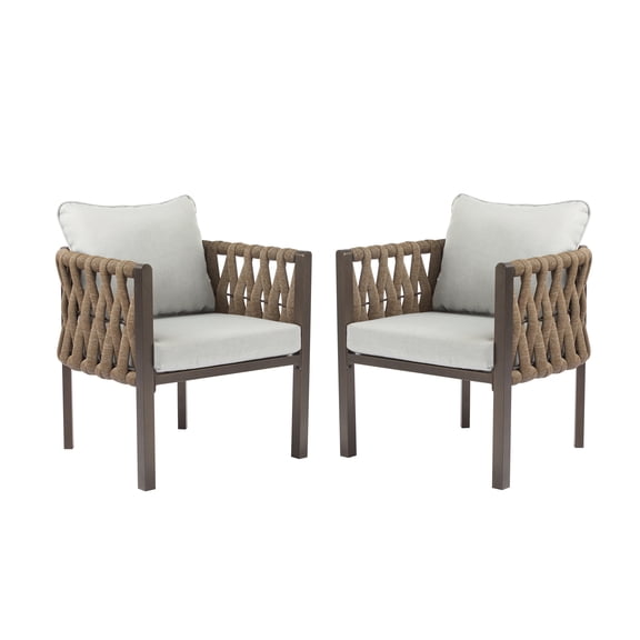 2-Piece Outdoor Club Chairs with Cushions, Modern Patio Armchair for Porch Garden, Brown Light Gray