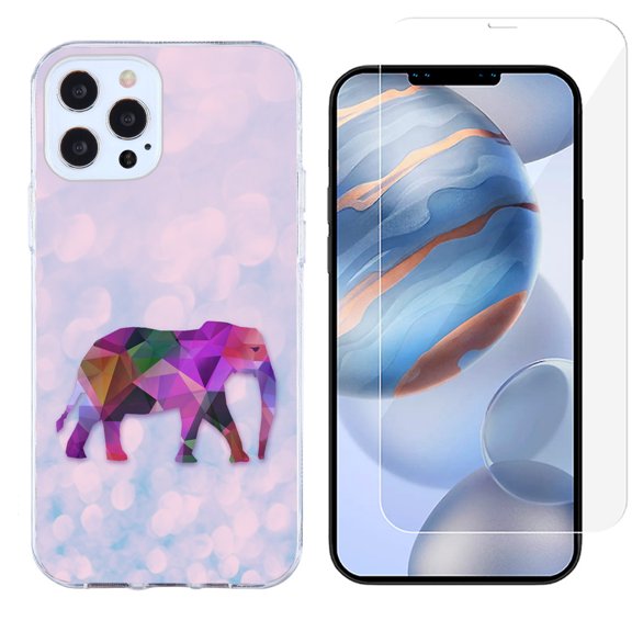 Slim-Fit Protective Phone Case compatible with iPhone 12 Pro Max, with Tempered Glass Screen Protector, by OneToughShield ® - Elephant /Polygon