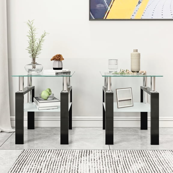 Holaki 2PCS Modern Tempered Glass Tea Table Coffee Table End Table, Square Table for Living Room, Transparent/Black