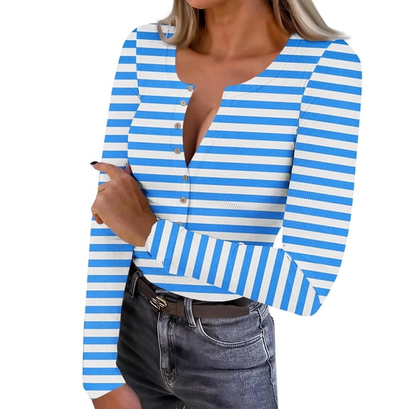 FDGIU Women’s Ribbed Knit Striped Long Sleeve Top - Henley Neck Slim Fit Layered Tee for Work Casual