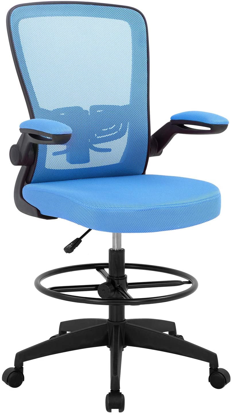 High Chair for Standing Desk White Tall Desk Chair with Arms US Stock Ergonomic Drafting Chair Height Adjustable Office Chairs with Foot Rest Drafting Stool with Mid Mesh Back