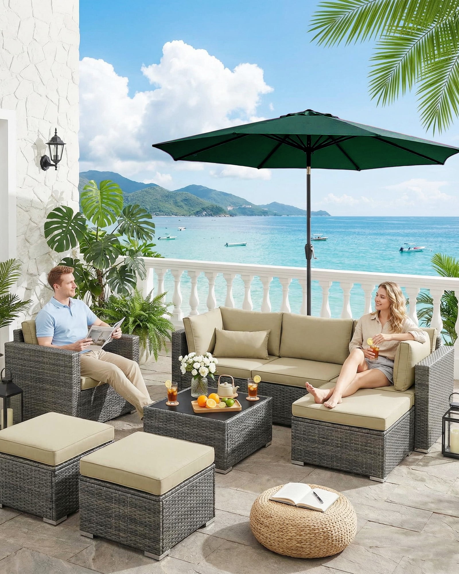 SOLLED 10FT Patio Umbrella with Push Button Tilt & Crank, Outdoor Market Table Umbrella with 8 Ribs for Garden Backyard Deck Pool,Dark Green