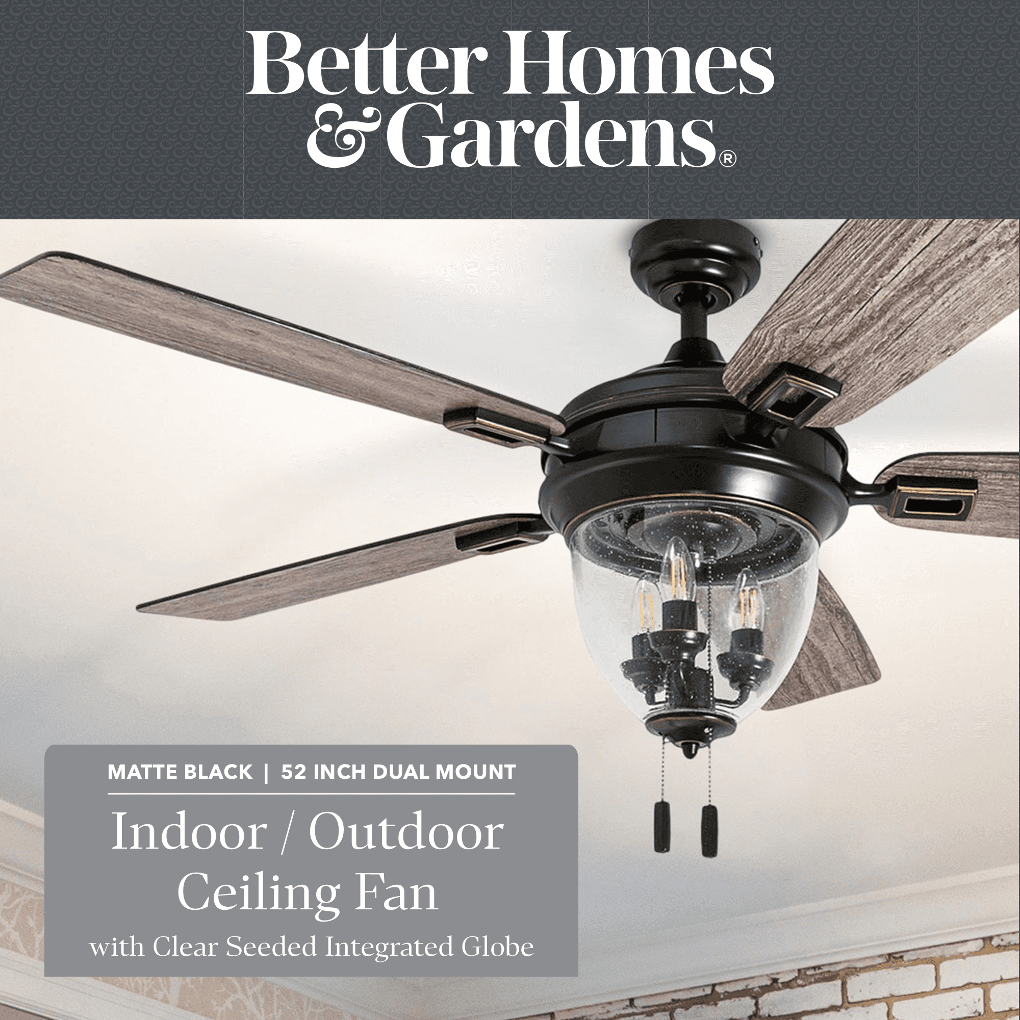 Better Homes & Gardens 52" Matte Black Indoor/Outdoor Ceiling Fan with Lights, 5 Blades, Pull Chains & Reverse Airflow