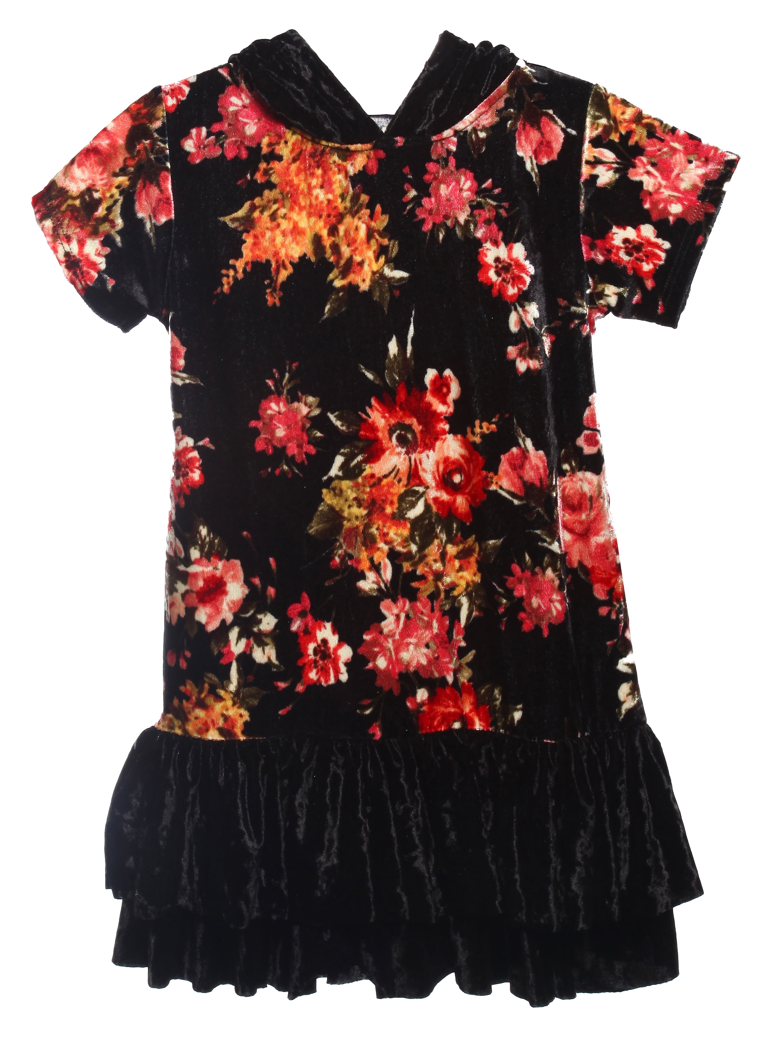 Little Girls Floral Velvet Hoodie Double Ruffle Party Flower Girl Dress