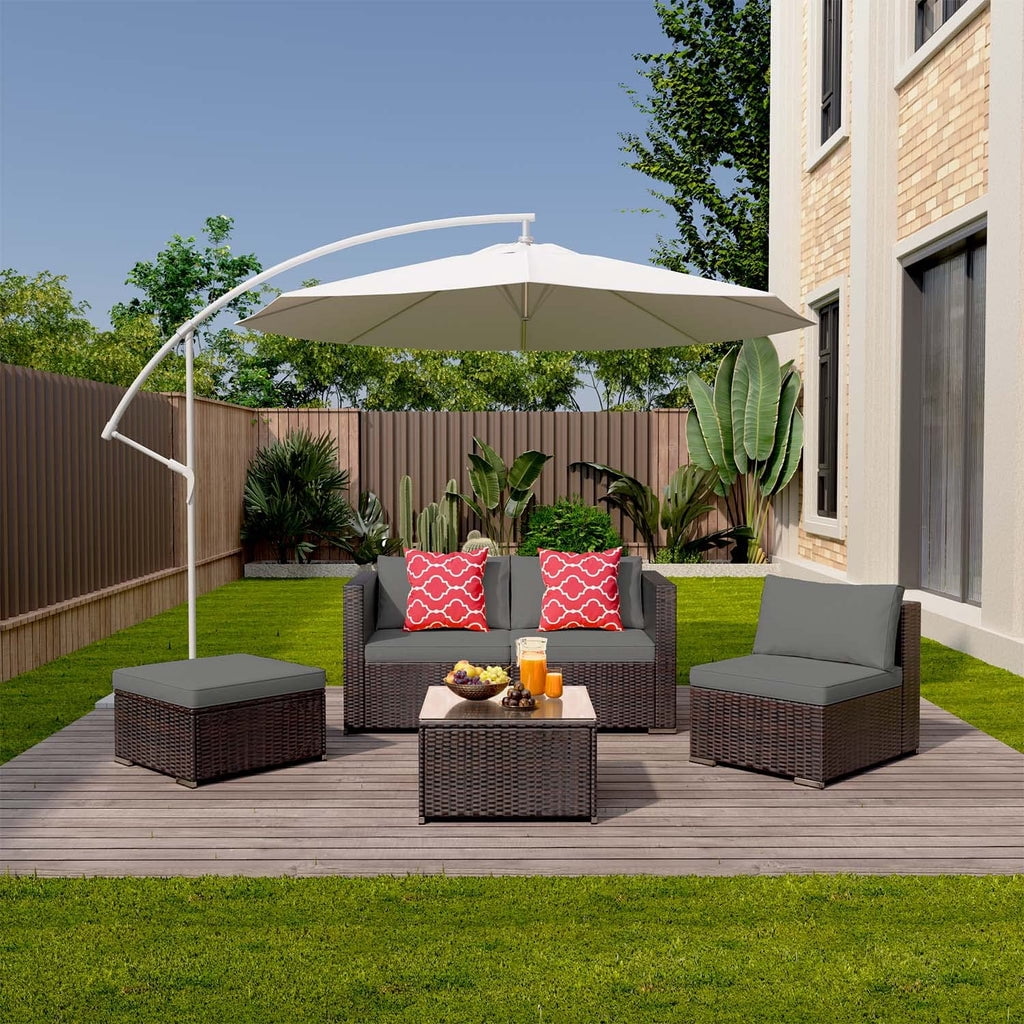 Patio Furniture Set, Aiho 5 Pieces Wicker Outdoor Sectional Sofa with Glass Coffee Table & Soft Cushions for Patio, Backyard, Gray