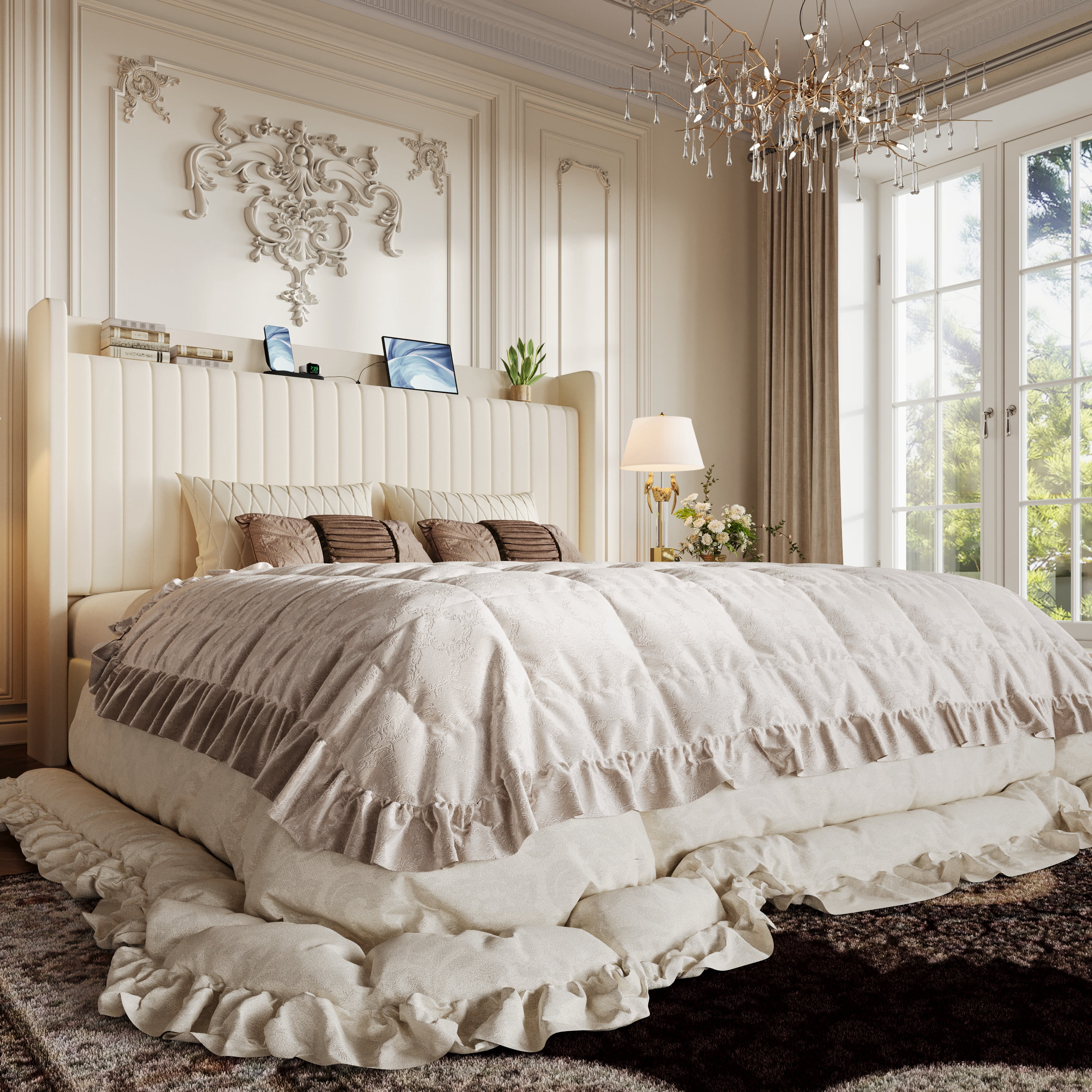 Amolife King Size Lift Up Storage Platform Bed Frame with Velvet Built-in Charging Station Wingback Headboard, Cream
