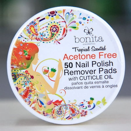 Acetone Free 50 Nail Polish Remover Pads with Cuticle Oil, Tropical Scented, Bonita