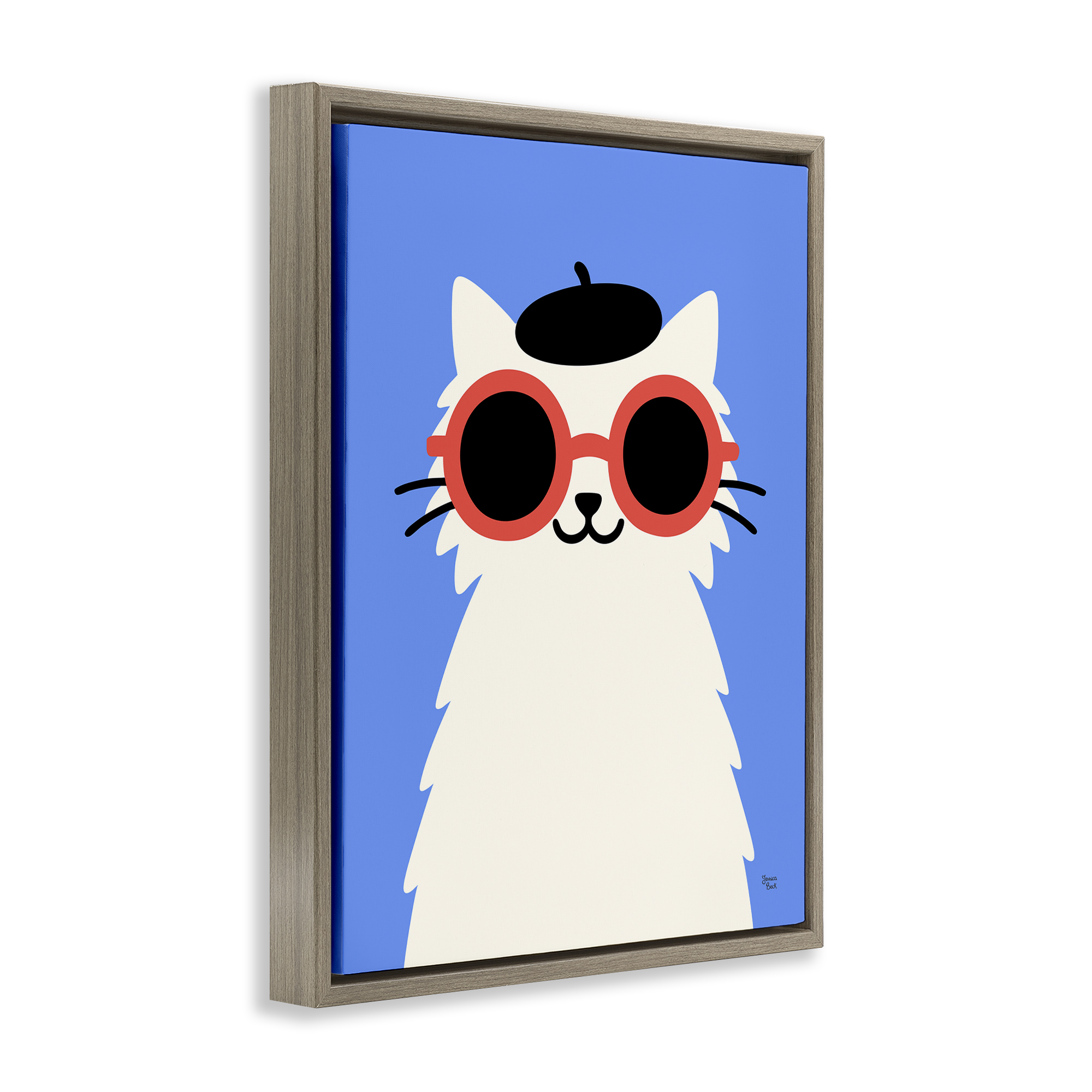 Stylish French Cat Brown Framed Floater Canvas Wall Art, design by Jessica Beck