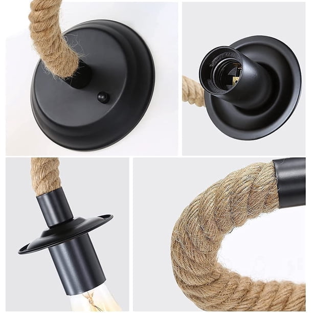 2 paquetes de apliques de pared vintage, lámpara de pared de cuerda de cáñamo, luz de pared interior retro E27 para pasillo, loft, dormitorio, cafetería, bar (sin bombilla) ShuxiuWang 8390611630065
