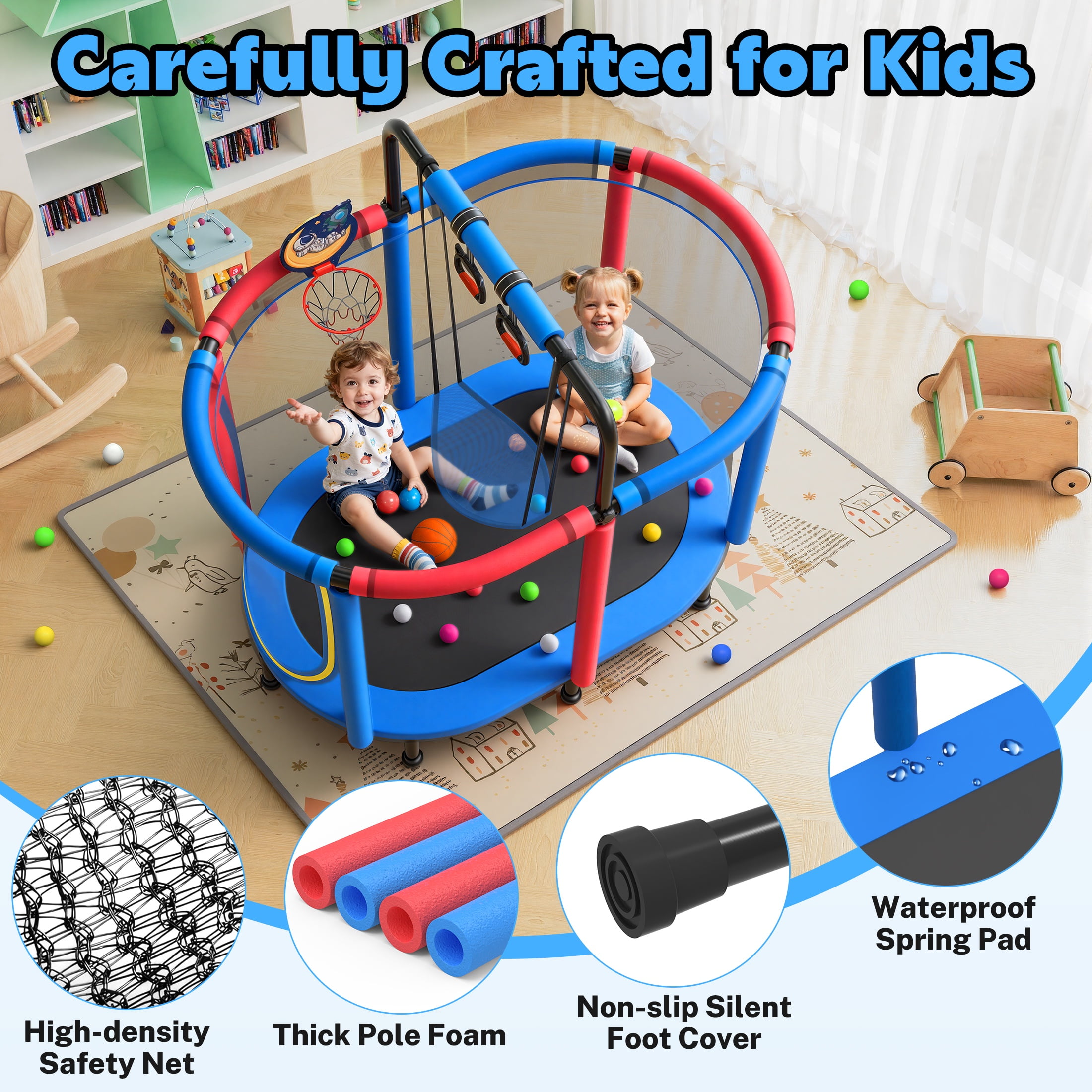 60" Toddler Trampoline with Safety Enclosure Net, SEGMART Upgraded Kids Trampoline with Basketball Hoop, Swing, Rings, Balls, Indoor Outdoor Mini Trampoline Birthday Gift for Kids Ages 3-9