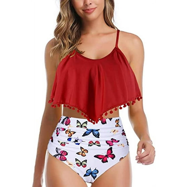 Women High Waisted Bikini Ruffle Swimsuit Flounce Pom Pom Trim Two Piece Bathing Suit Red&white (S