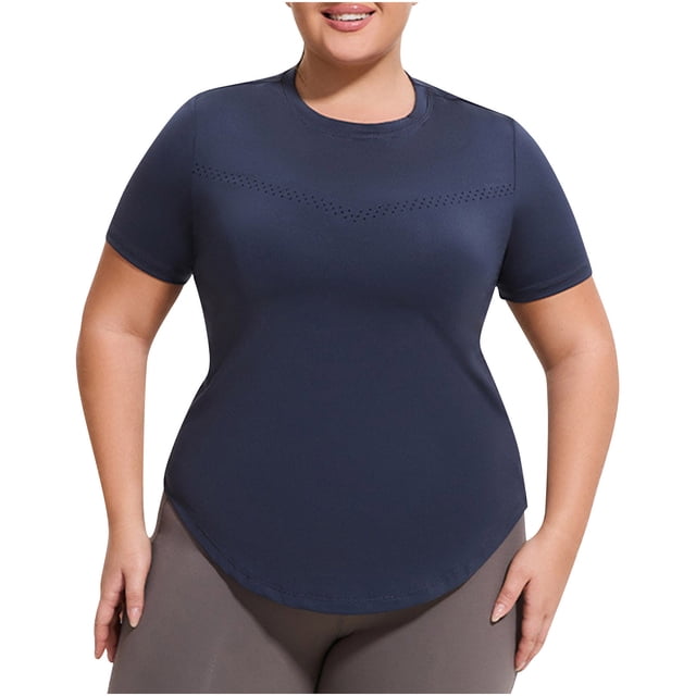 Lenpel Hauts d'Entraînement Grande Taille pour Femmes Mode Col Rond Manches Courtes Ourlet Incurvé T-Shirts Athlétiques Course Yoga Gym