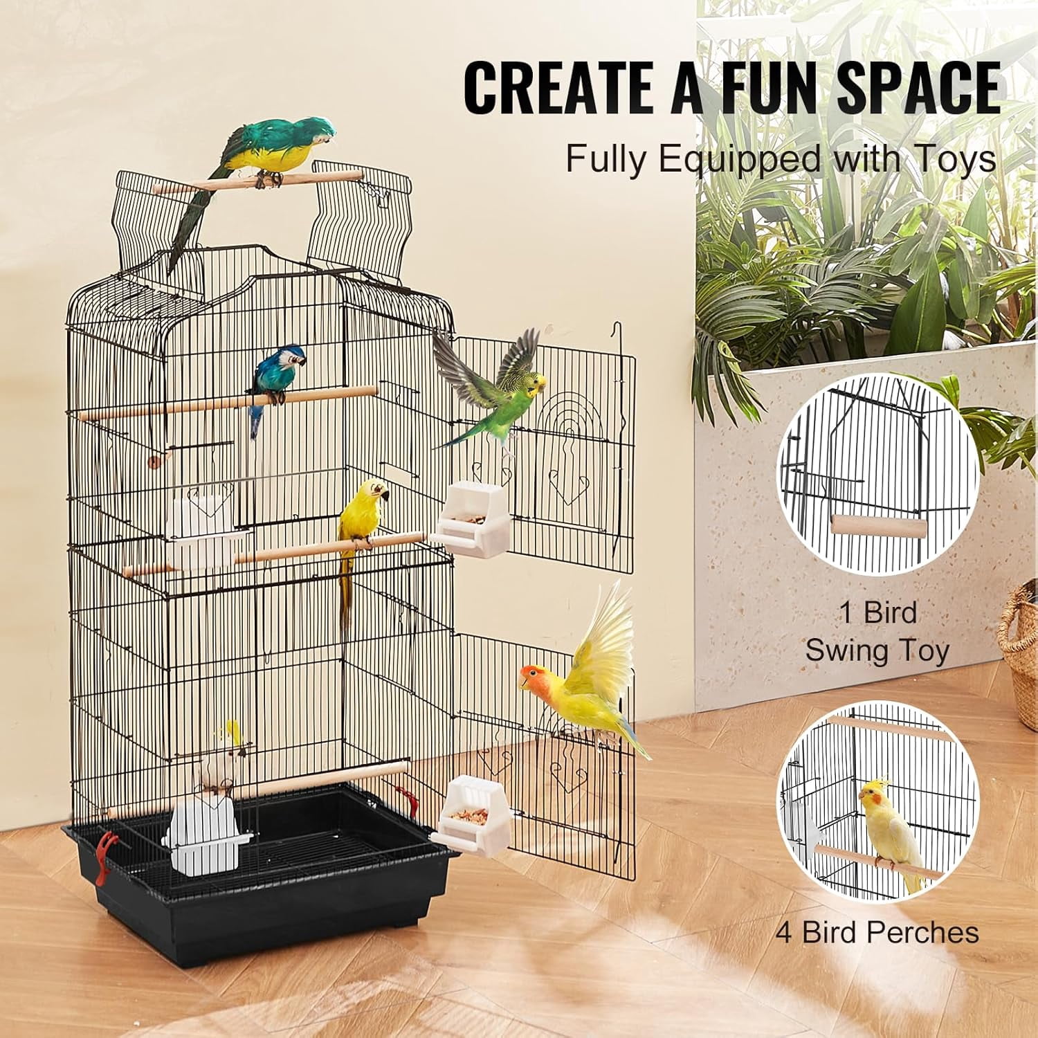 41-inch Open Top Large Parrot Bird Cage, Hanging Bird Cage for Parakeets Finches Canaries Lovebirds Cockatiels Budgies Small Quaker Conures Travel Pet Flight Birdcage with Swing and Perch