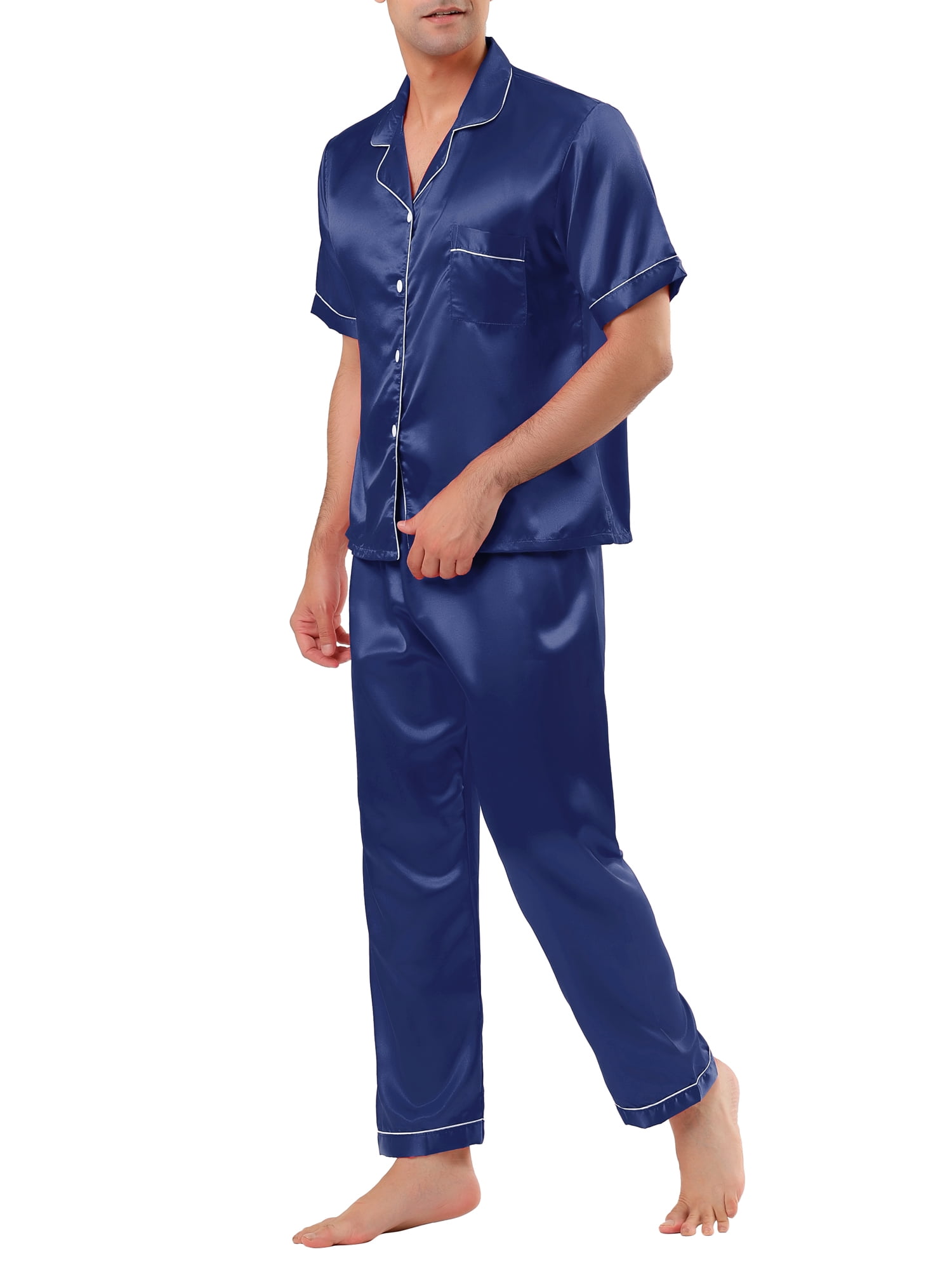 Unique Bargains Men's Button Down Satin Pajama Sets Short Sleeves Nightwear X-Large Blue