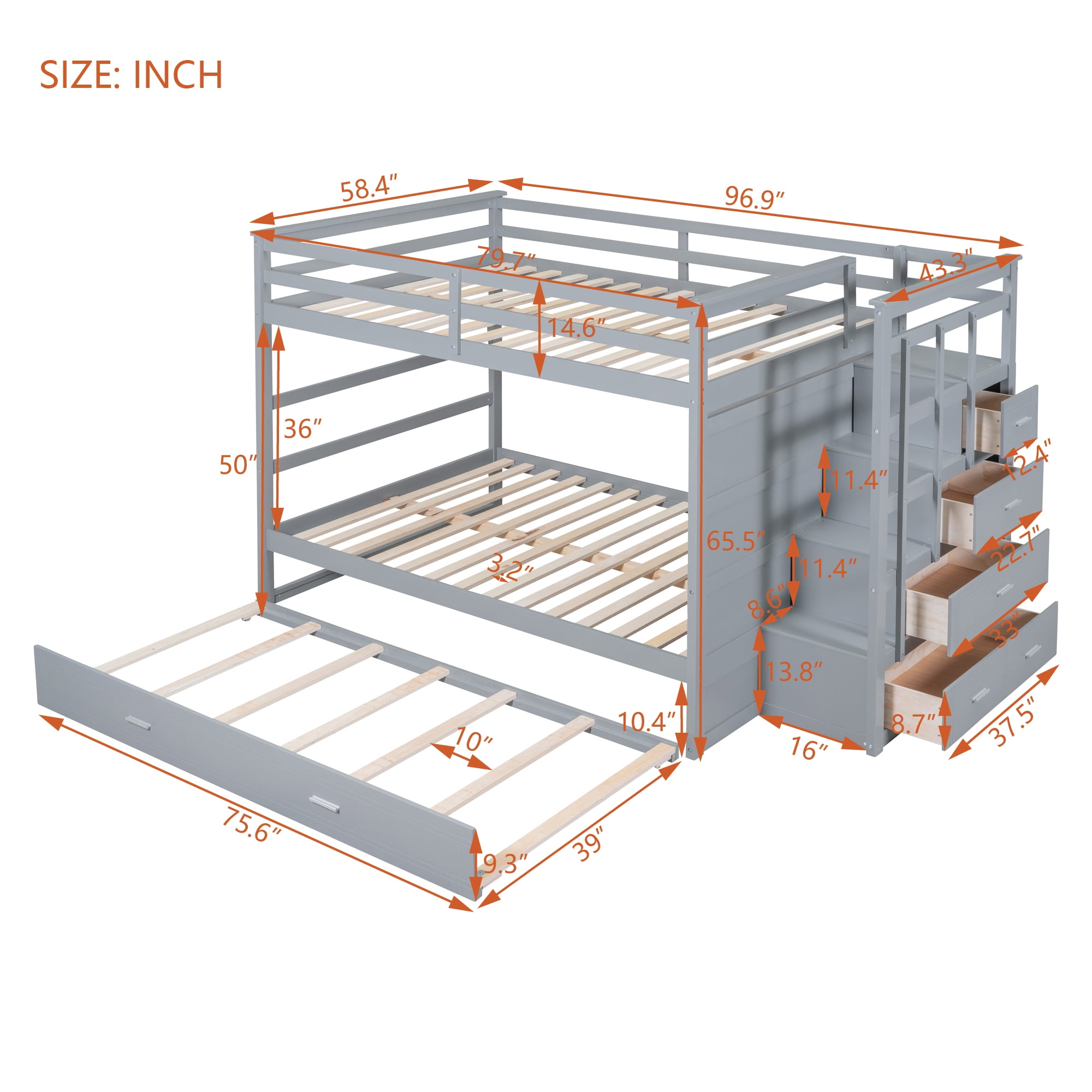 Aukfa Full over Full Bunk Bed with Trundle and Staircase, Wood Bunk Bed with 4 Storage Drawers for Kids, Teens - Gray