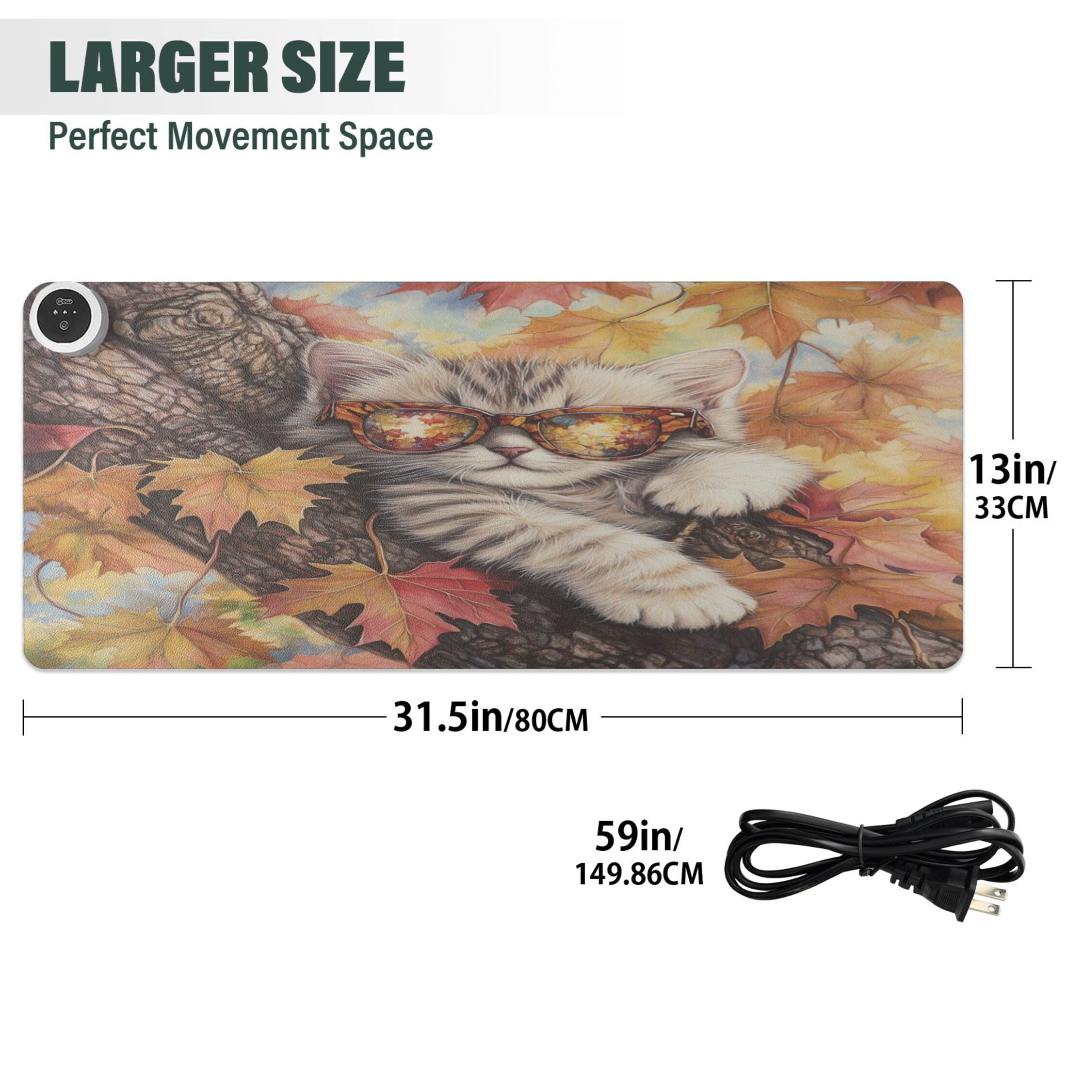 Wobogo Maple Leaf Cat Heated Mouse Pad Extra-Large Desk Mat With 3 Heating Levels and 3-hour Auto Shut-Off Protection Ideal for Computer Keyboards Home Office Hand-warming Essential 31.5in × 13in