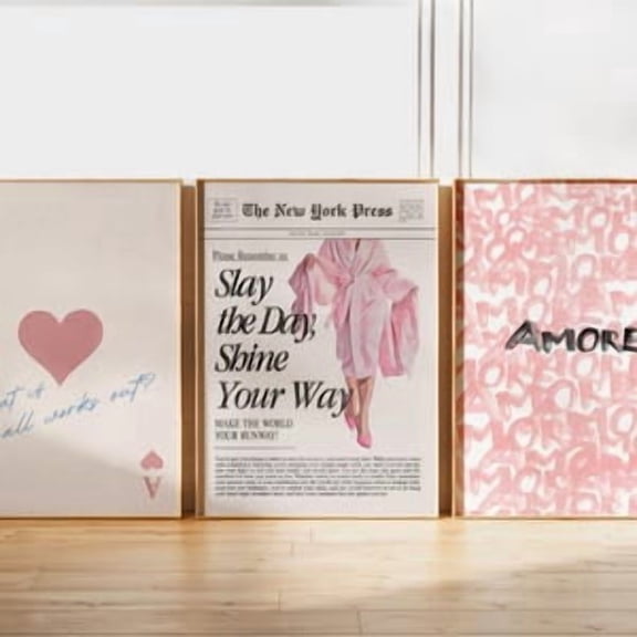 Set of 3 Life is Better in Pink Print - Girly Wall Art Set - Retro New Yorker Print - Newspaper Trendy Preppy Style for Apartments or Gift, Poster Only